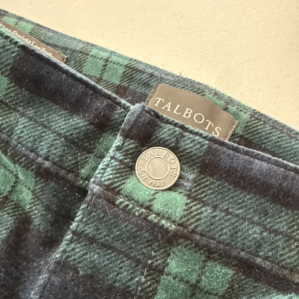 Talbots Sz 12 | Velveteen Straight Leg Tartan Plaid Ankle Pants Black Green - Picture 5 of 16